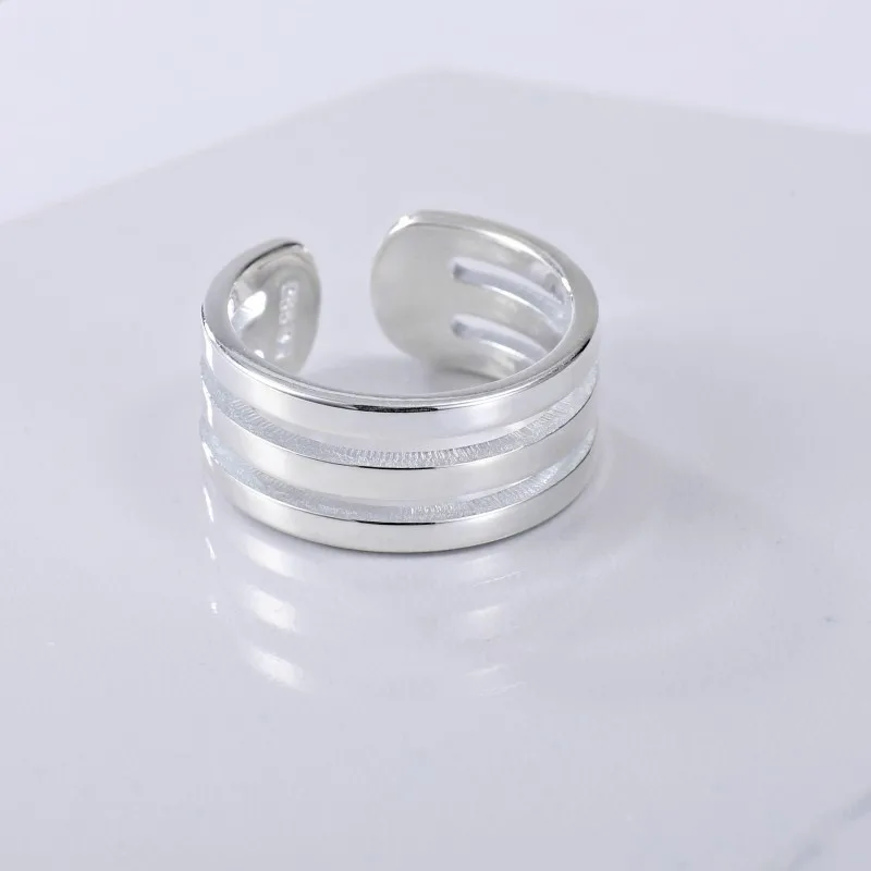 

Real Pure S990 Sterling Silver Ring Men Women Gift Glossy Hollow Three Stripe Circles Open Band Ring Width:10mm