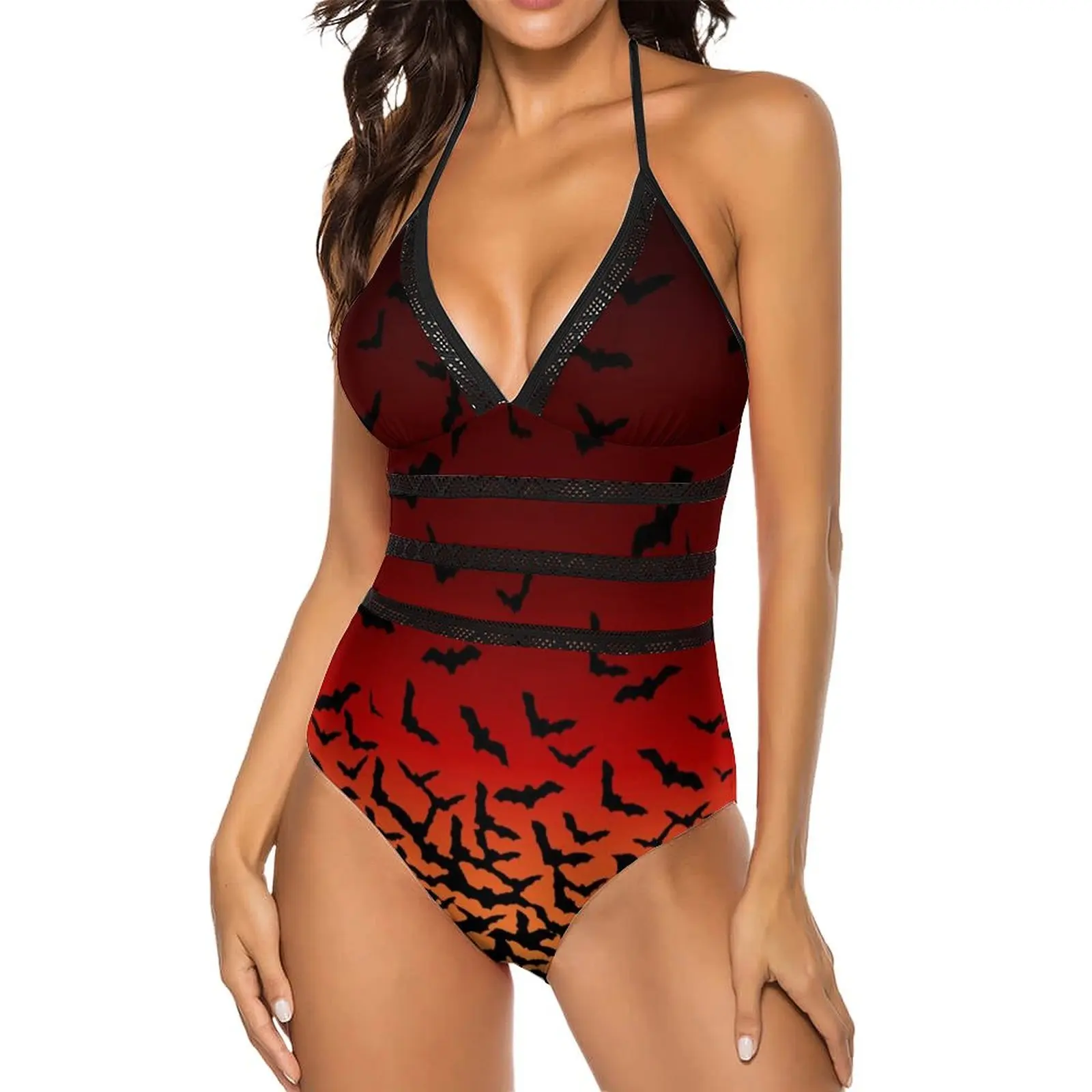 Halloween Swimsuit Sexy Bat Sunset Creatures Of The Night One Piece Swimwear Lady Push Up Bodysuit Elegant Backless Bathing Suit