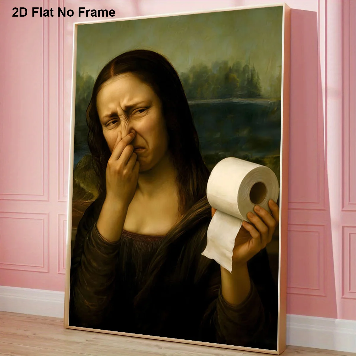 2D Flat, 2D Flat, 1pc Frameless Canvas Poster, Mona Lisa Holding Toilet Paper with a Stink Face, Pinching Nose Funny Art Prin