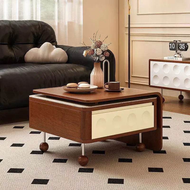 French Medieval Style Retractable Coffee Table Boxwood Stone Square Side Table Multi Functional Creative Furniture for Small