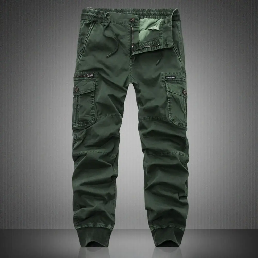 

Men Cargo Pants Zipper Fly Multi Pockets Men Trousers Drawstring Elastic Waist Bottoms Ankle Tied Trousers For Working