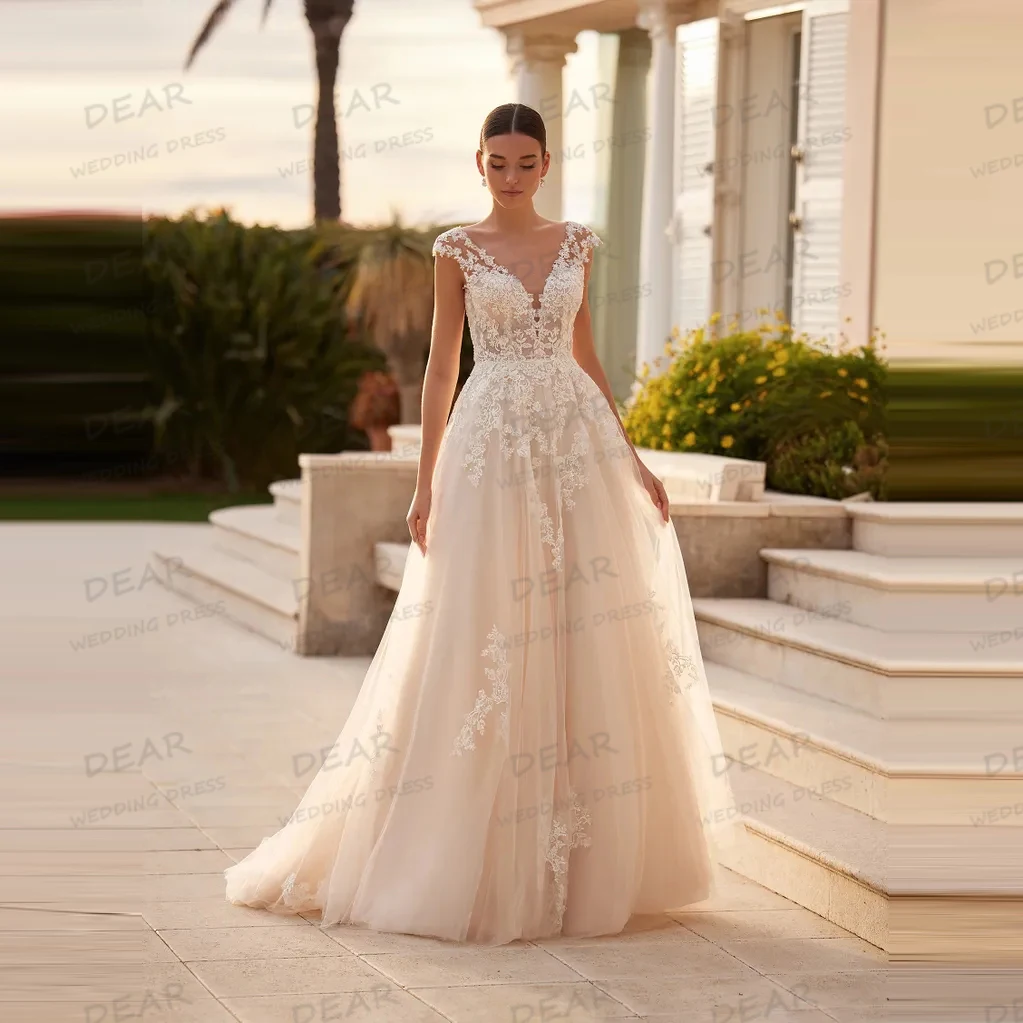 Simple Boho ชุดแต่งงานสายผู้หญิงปุยเซ็กซี่ชุดเจ้าสาว Appliques ลูกไม้ Tulle Vestidos De Novia ที่กําหนดเอง