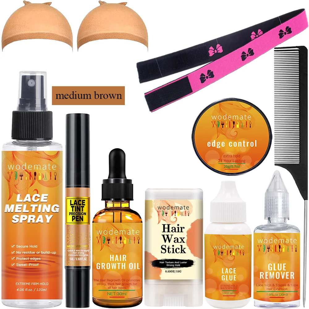 10Pcs/Set Wig Installation Kit Set Lace Glue Tinted Lace Precison Parting Pen Lace Melting Spray Edge Control Gel HD Wig Cap