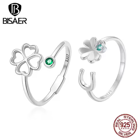 BISAER 925 Sterling Silver Four-Leaf Clover Horseshoe Open Ring Size 5-9 Green Band Plated Platinum for Women Party Fine Jewelry