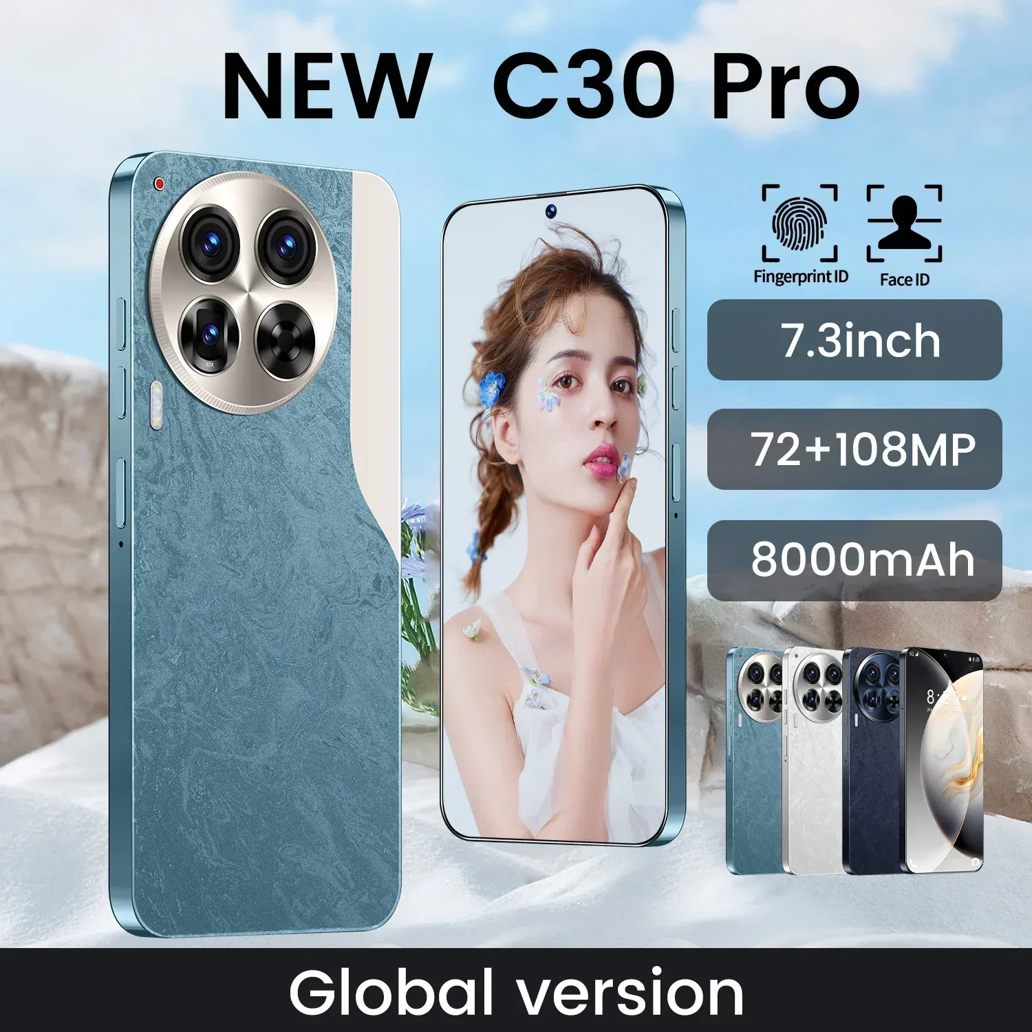 Original C30 Pro SmartPhone 7.3 HD Screen Mobile Phones 16G+1T 5G Dual Sim Celulares Android13 Unlocked 108MP 8000mAh Cell Phone