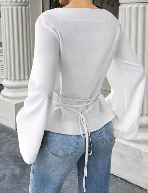 2025 جديد عصري غير رسمي أنيق مثير تي شيرت تنوعا الخصر Cinching قارب طوق شخصية الشارع القرن بأكمام طويلة