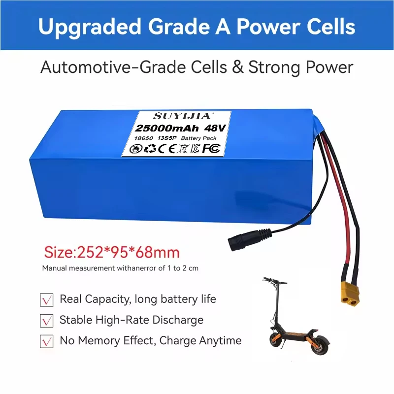 48V Scooter Battery 13S5P 25Ah 18650 Grade-A Cells 1500W Built-in BMS XT60 JST High Capacity Long Range Safe & Durable