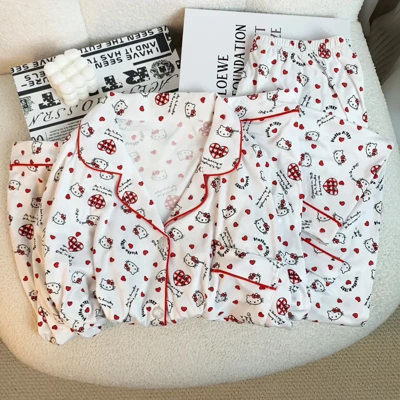 Sanurgente-Pyjama Hello Kitty pour Femme, Vêtements de Maison Confortables, Doux et Mignon, Imprimé Dessin Animé, Cadeau Kawaii Trempé, Printemps et Automne
