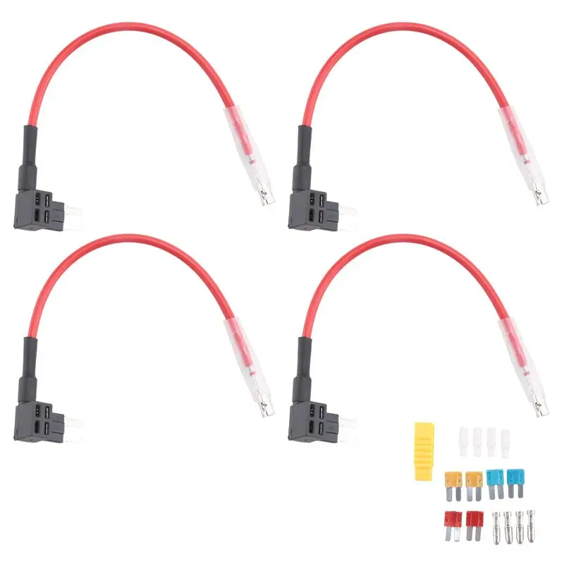 AT02-4Pcs 12V-24V Add-A-Circuit Micro2 Fuse Tap, Piggy Back Blade Fuse Holder With Wire Harness