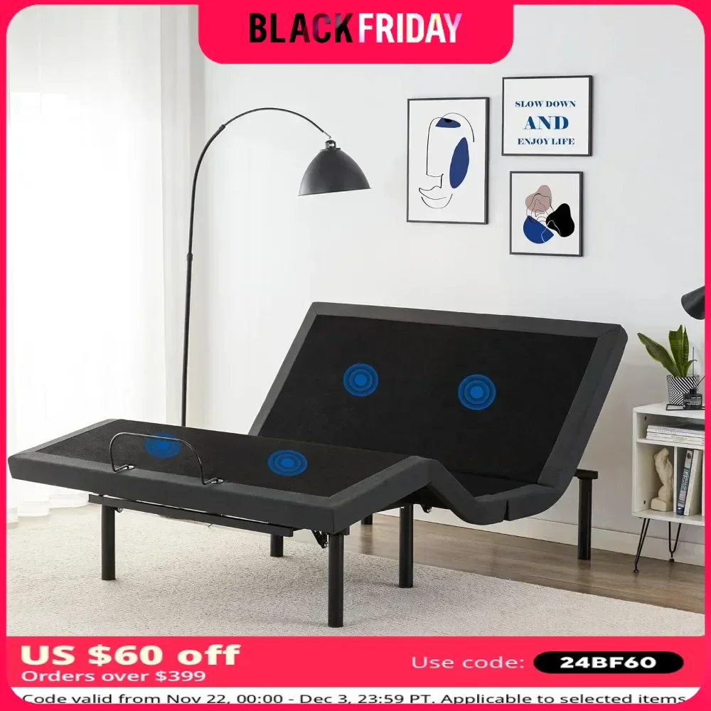 Adjustable Bed Base Frame with 17 Control Functions, Bluetooth App, Dual Massage, USB Ports, Head/Foot Incline,Queen Bed Frames