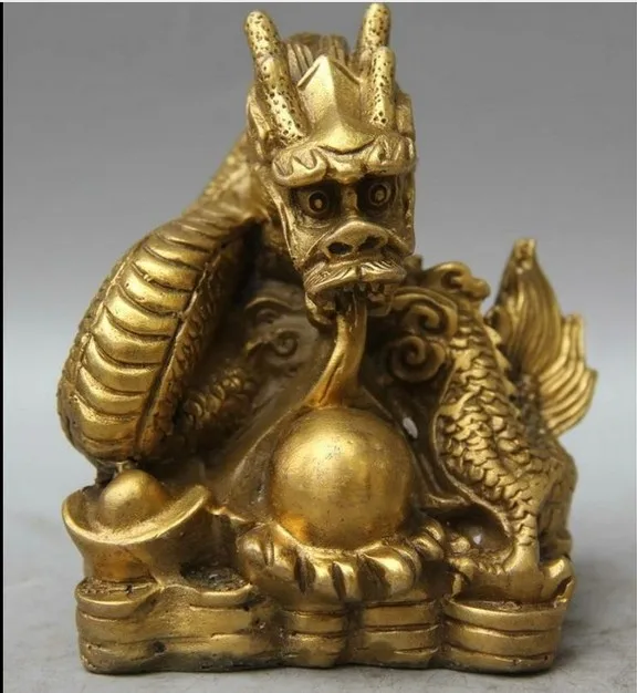 

Chinese Brass feng shui Zodiac year dragon pearl yuan bao wealth money statue