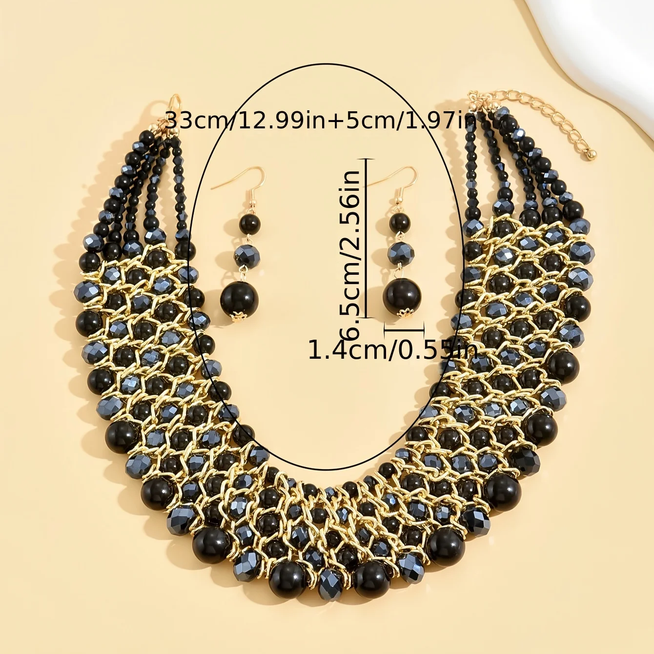 Boho style handcrafted 5-row beaded personality Necklace and earring set - elegant woven jewelry with black beads for ladies