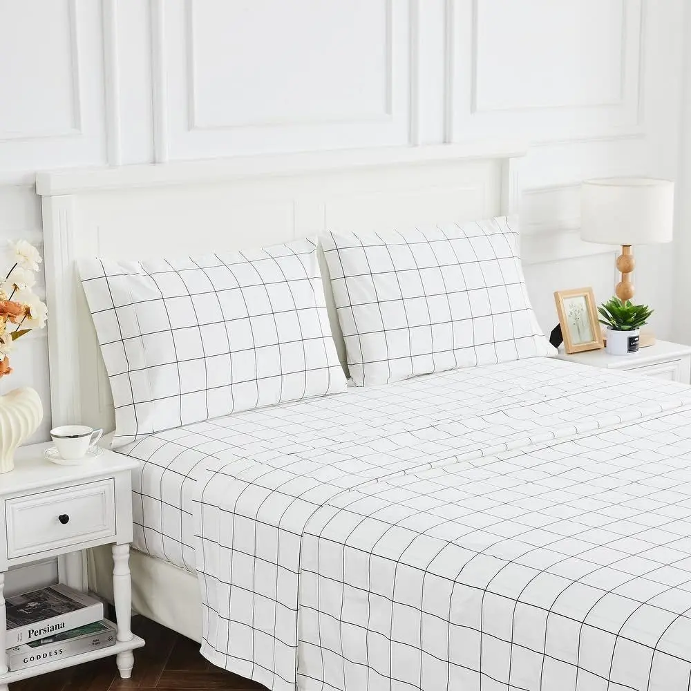 

4 Piece 100% Cotton Bed Sheets Queen Size | Pretty Checkered day Theme Chrisas Bedding Black & White Color All Seasons | Cabin &