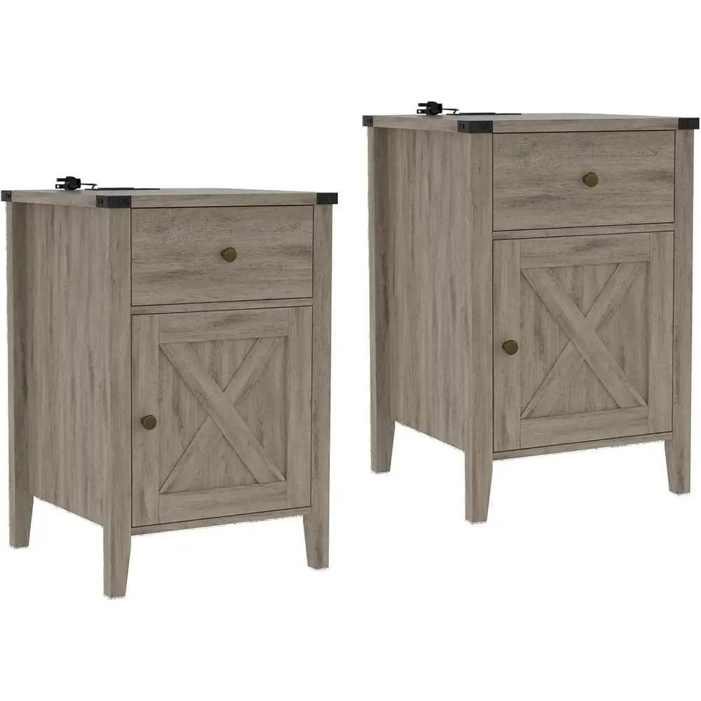 

Rustic 2-Drawer Nightstand with Charging Station, Barn Door Side Table, Weathered Oak End Table for Living Room or Bedroom