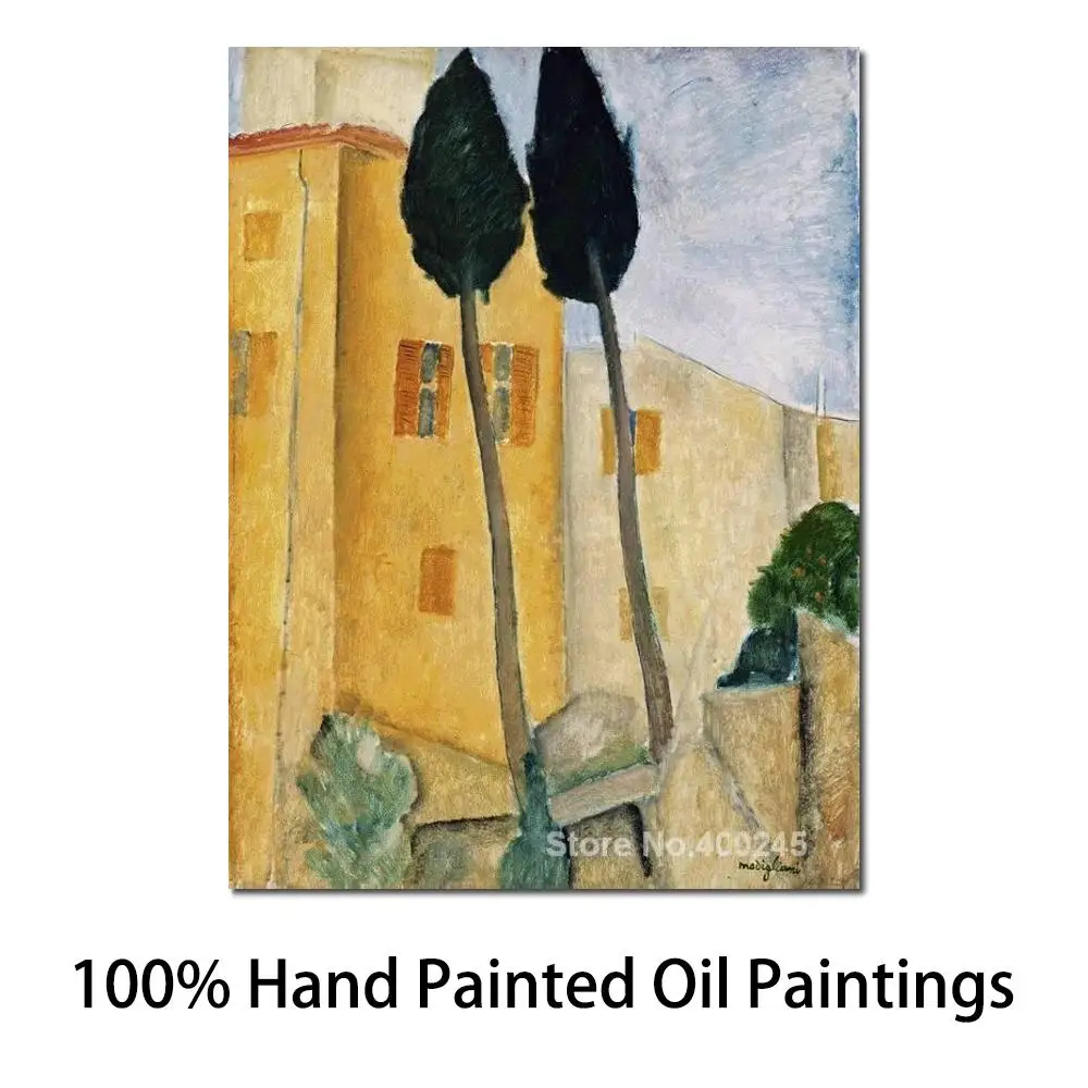 

Portrait Oil Painting Woman Cypress Trees and Houses Midday Landscape by Amedeo Modigliani Room Decor Hand Painted High Quality