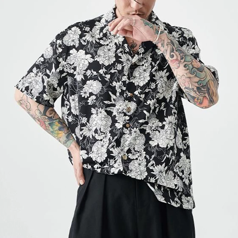 New Summer Original Hawaii Vacation Short-sleeved Shirt Men Korean Black White Printed Tee Shirt Tops Man Casual Clothing Blouse