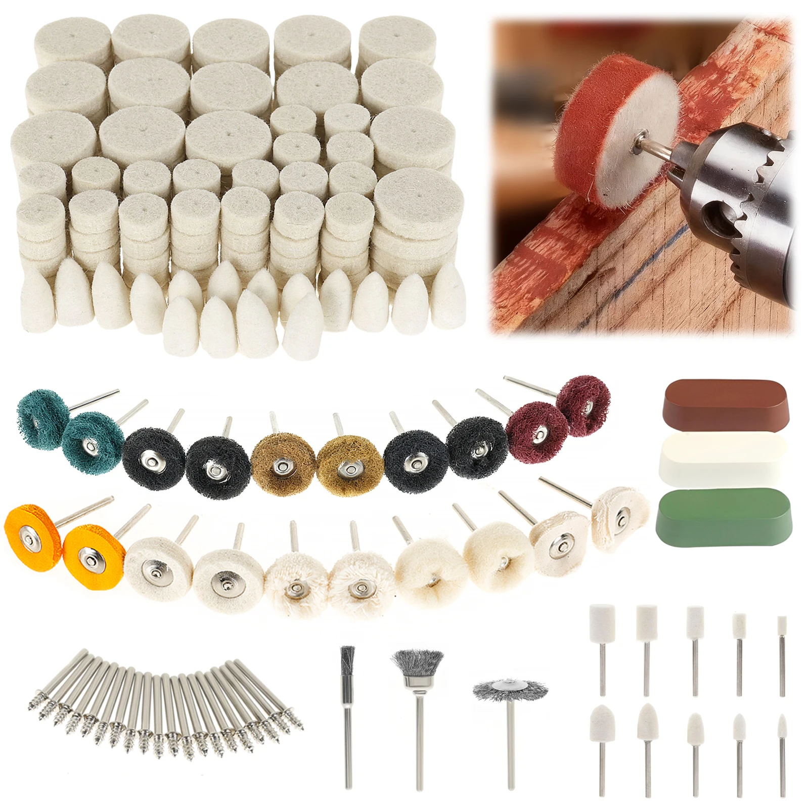 

237Pcs Polishing Buffing Wheel Kit Felt Wool Pad Set with Polishing Compound 1/8" Shank for Watch Jewelry Metal Glass Polishing