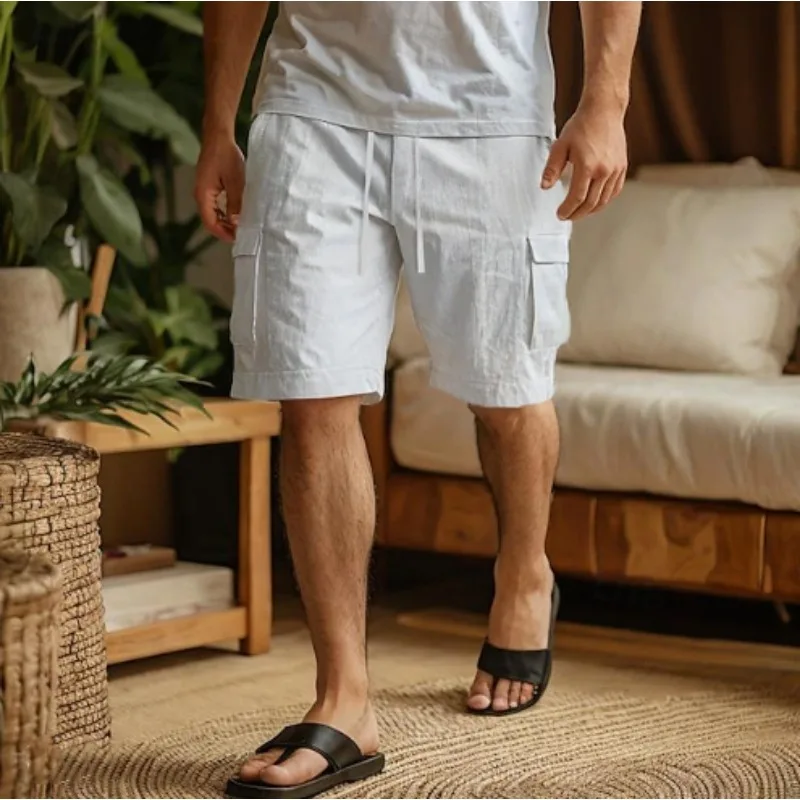 New linen tooling shorts drawstring elastic waist straight legs solid color breathable daily beach five-point casual pants