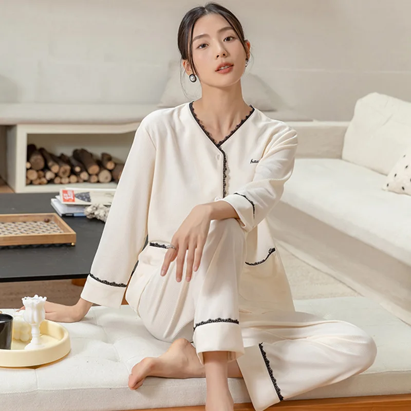 Velvet Pajamas Women Autumn Winter Warm Sleepwear Set Sexy Round Neck Cardigan Long Sleeved Pants 2PCS Home Clothes Nightwear