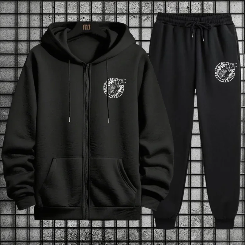 

Viking Raven Print Mens Casual Tracksuit Set 2025 New 2 Pieces Zipper Hoodie with Pants Urban Streetwear Outfit Autumn Winter