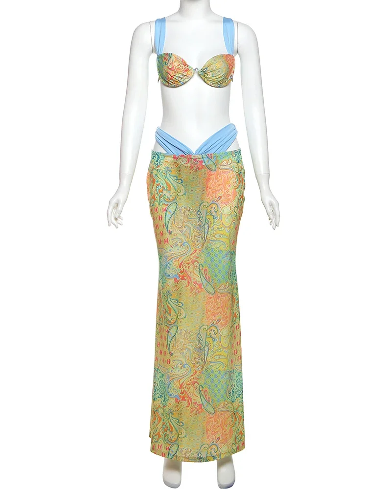 CPSYMYM Weird Puss Summer Vacation 2 Piece Set Women Colorful Print Bra Tops+High-Waist Hollow Maxi Skirts Matching Midnight Clu
