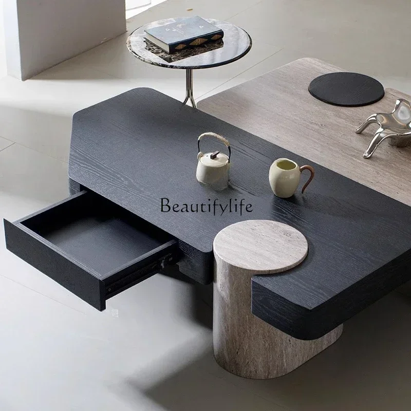 

04ld14ld14 Irregular Square Coffee Table with Drawer Home Creative High-end Feel Coffee Table Set Wabi-sabi Style