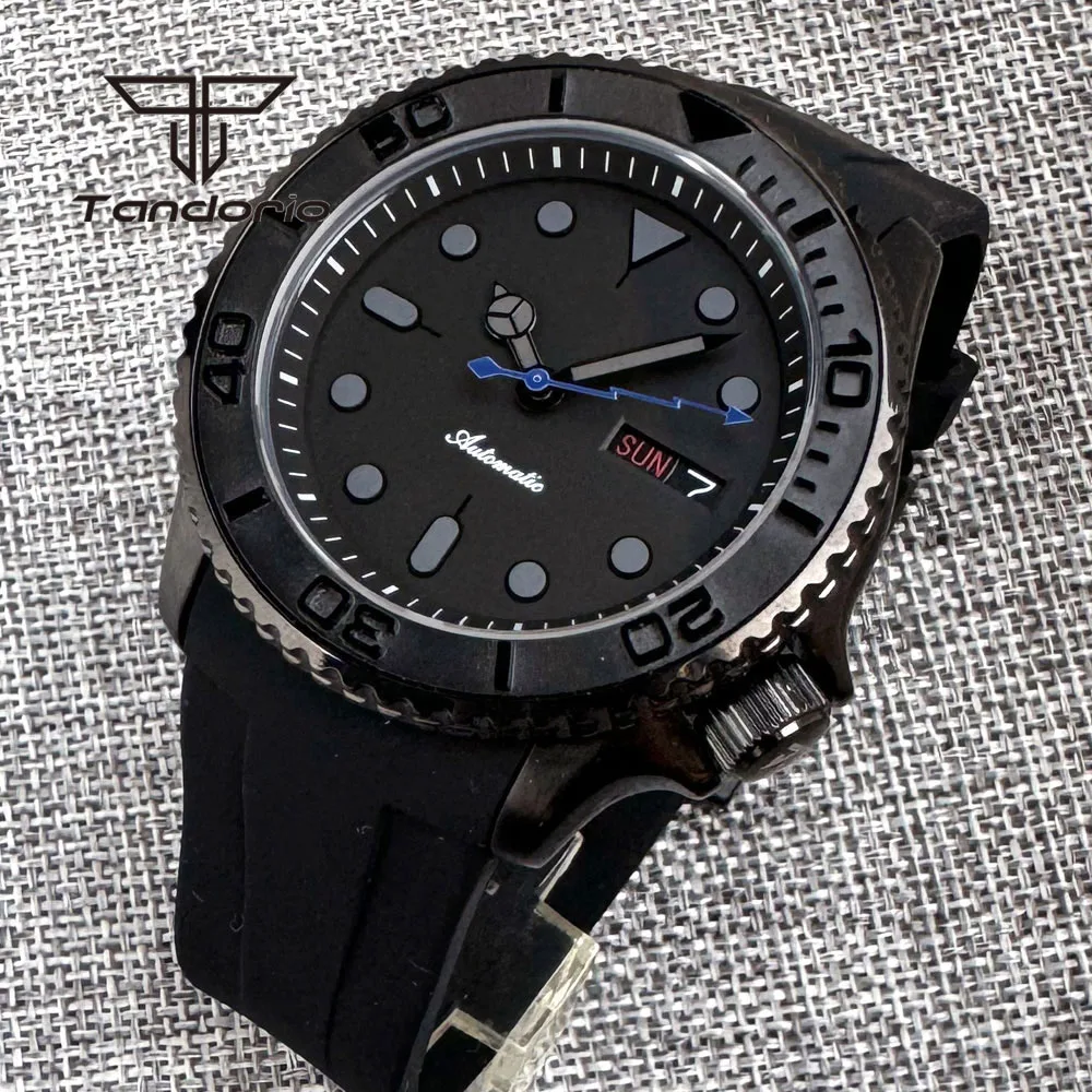 Tandorio NH36 Black Pvd Case 20bar 41mm Men\'s Automatic Diving Watch Date Week 3.8 Screw Crown Sapphire Crystal Ceramic Bezel