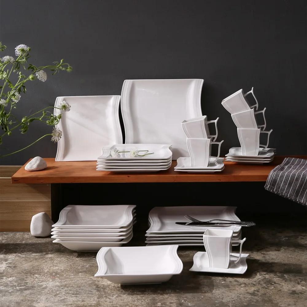 Juego de Vajilla de Porcelana Blanca de 30 Piezas con 6 Tazas, Platos de Postre y Sopa, Juego de Vajilla para 6 Personas