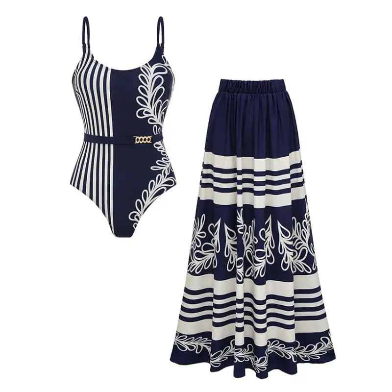 Flaxmaker Women Summer Swimsuit Set Summer Adjustable Shoulder Straps Printed Navy Blue Swimwear Skirt Biquini conjunto de