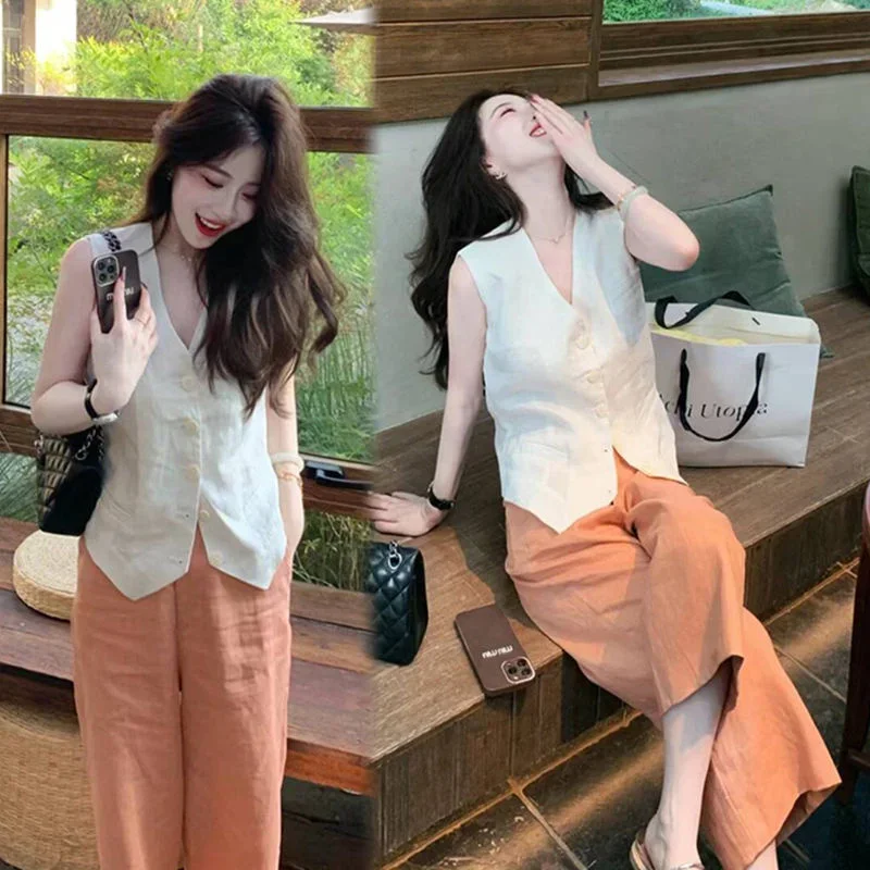

New Summer Cotton Comfortable Women's Two Piece Set Elegant V-neck Sleeveless Slim Vest Top + Wide Leg Pants Casual Holiday Sets