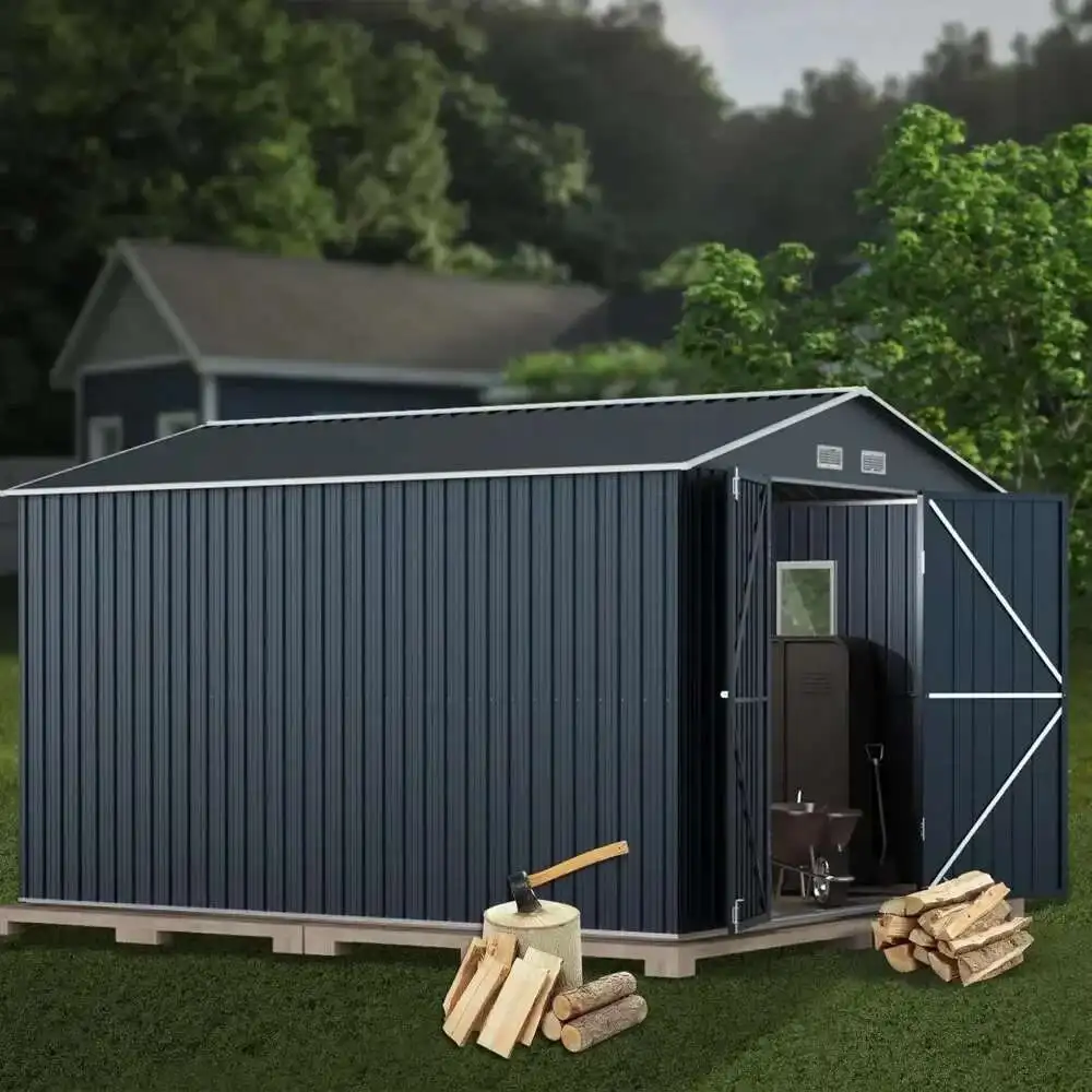 Outdoor Steel Shed, 2 Windows Transparent Roof Panels, With Lockable Doors, For Patio Storage
