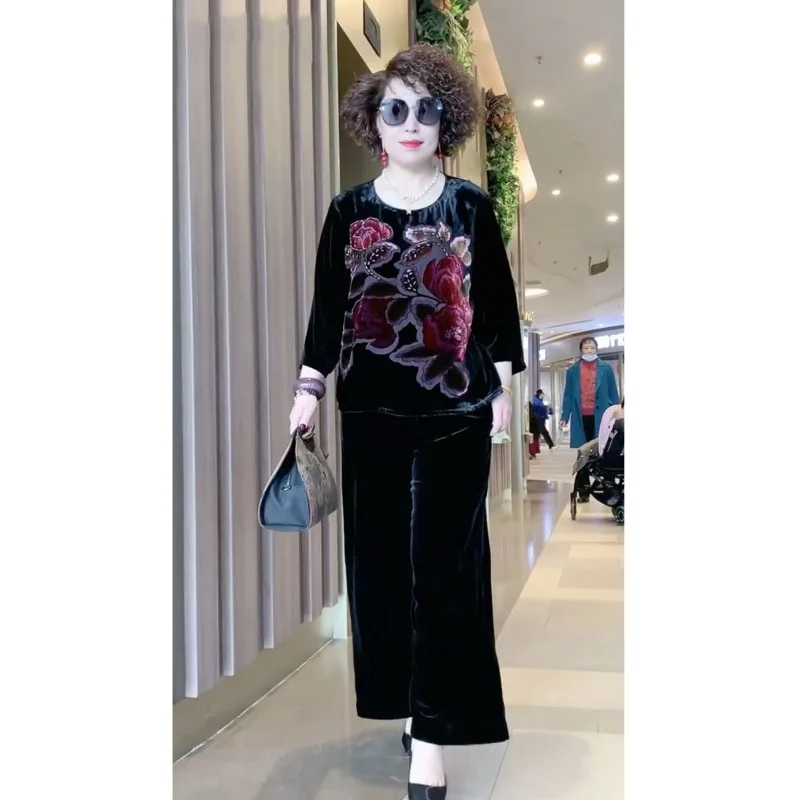 

Spring Autumn Two Piece Sets Womens Outifits Pinted O Neck Tops Casual Wide-leg Pants Fashion Loose Black Suit Female