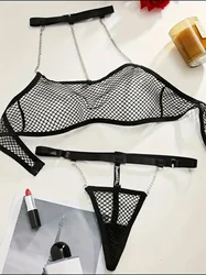 2Pc Lady See-Through Sexy Lingerie Set Black Mesh Halter Tops And Perspective Thongs Sets Women Underwear Bra Set