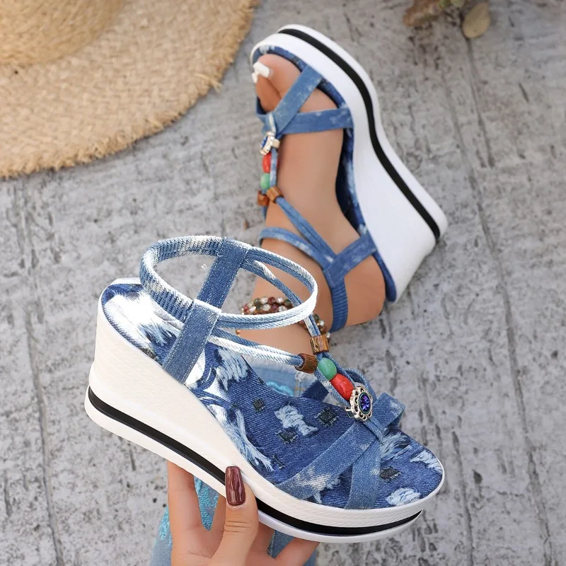Women Denim Crisscross Strap Bead Ethnic Ornament Ankle Wrap Wedge Sandals Platform Open Toe Bohemian Summer Elevator Sandals