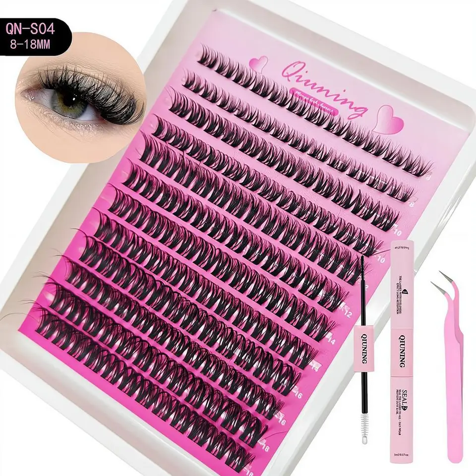 12 filas de grupos de pestañas estilo manga con pegamento y pinzas, mezcla de 8-18mm, kit de extensiones de pestañas segmentadas DIY, pestañas finas y puntiagudas 5