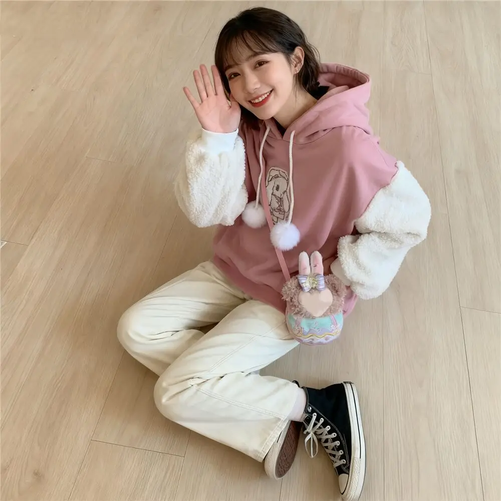 Outono preppy menina harajuku kawaii hoodies dos desenhos animados cães apliques moletom com capuz retalhos velo mangas caídas pullovers