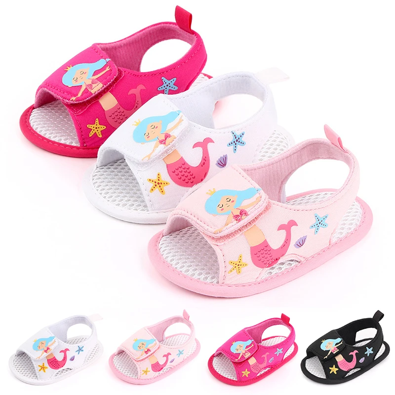 Newborn Baby Sandal Cartoon Mermaid Flats Shoes for Infant Girls Non-slip Breathable Soft Soles Crib Shoes Summer First Walker