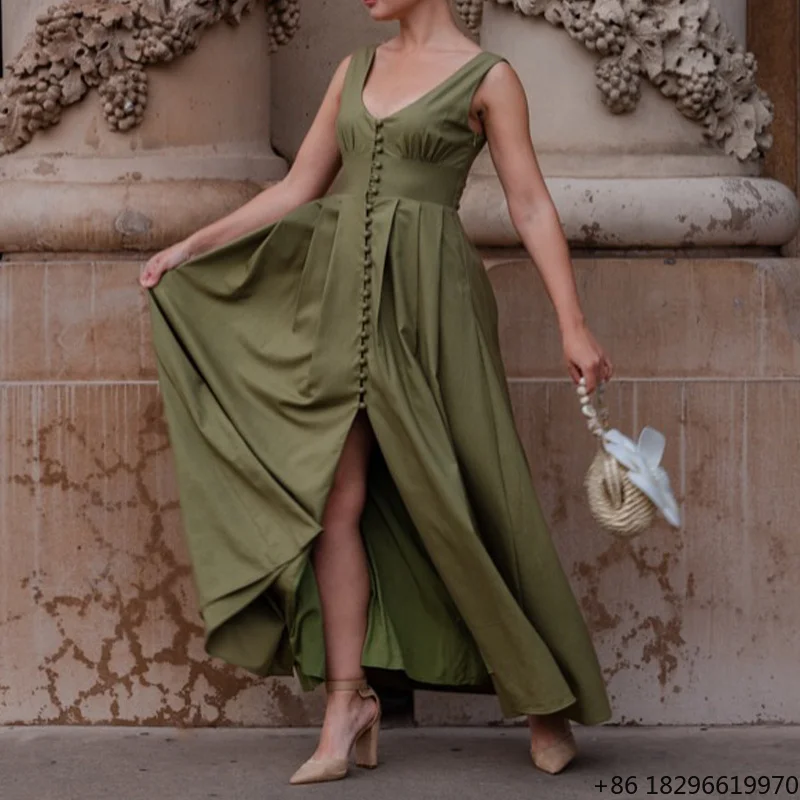 robe-midi-decontractee-d'ete-sans-manches-a-col-en-v-taille-haute-et-ceinture-couleur-unie-pour-la-plage