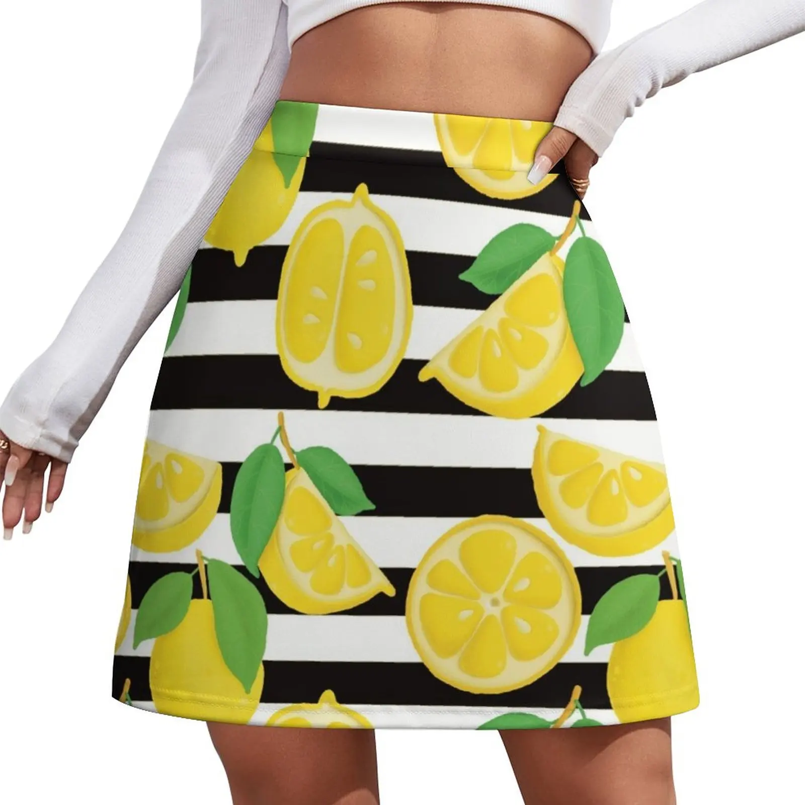 Pattern with lemons on blackandwhite striped background Mini Skirt night club outfits skirt set Women skirts