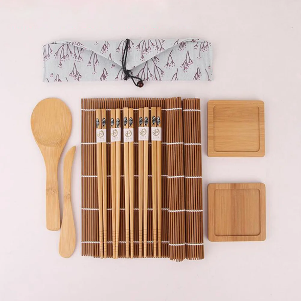 1 Juego de Kit para hacer Sushi, esteras de bambú, palillos, cuchara para arroz, bolsa de tela, Kit para hacer Sushi en casa, esteras y utensilios de bambú