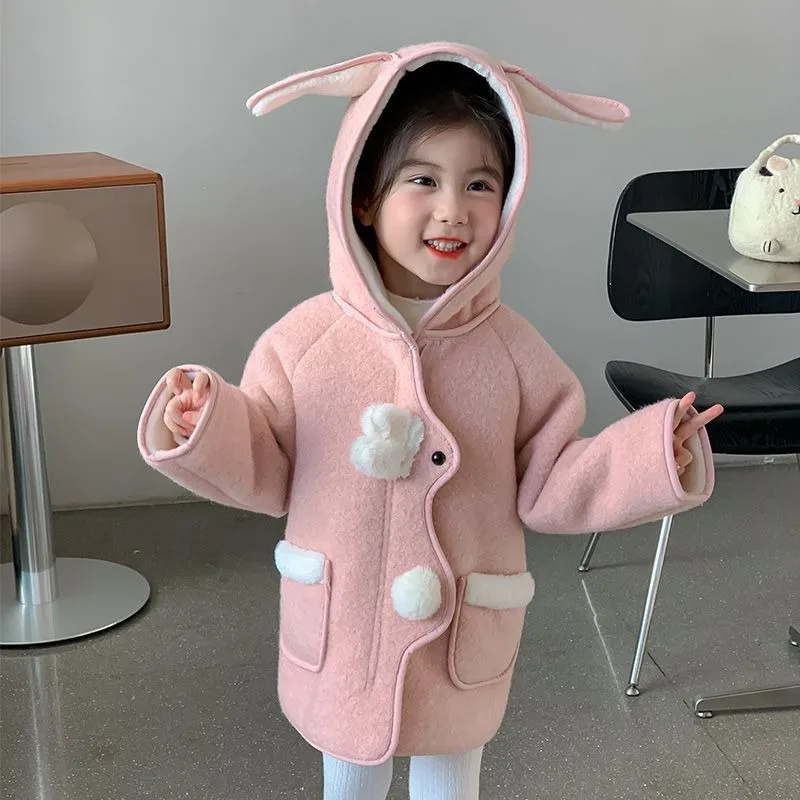 2025 New Girl's Winter Coat Stylish Woolen Princess Coat for Kids Thickened Faux Fur Lined Medium To Large Size Hot Sale