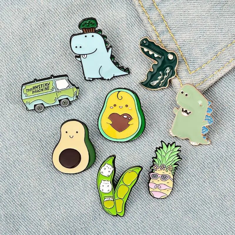 Green Spring Enamel Pin Custom Cartoon Avocado Pea Pineapple Dinosaur Bus Brooches Bag Lapel Pin Fun Badge  Jewelry Gift Kids