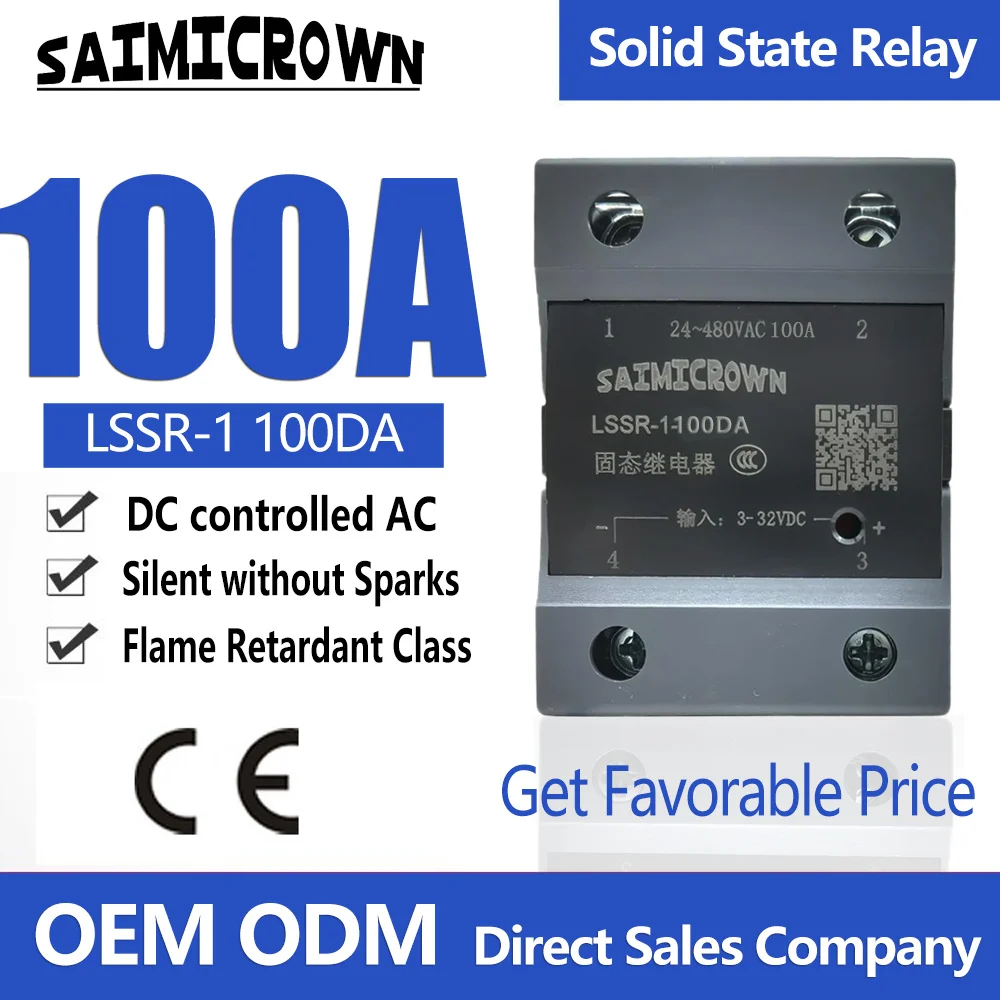 SSR-100DA Relay 3-32V DC to 24-480V AC Output Single Phase Solid State Relay Module DC to AC Relay 100A OEM ODM CE