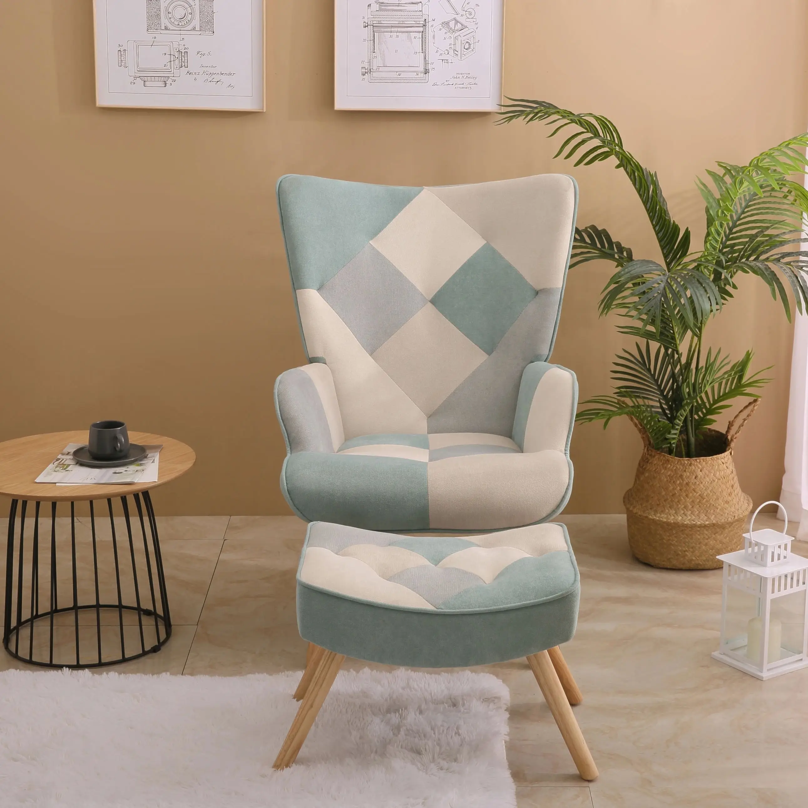 Accent Chair with Ottoman, Living Room Chair and Ottoman Set, Comfy Side Armchair for Bedroom, Creative Splicing Cloth Surface