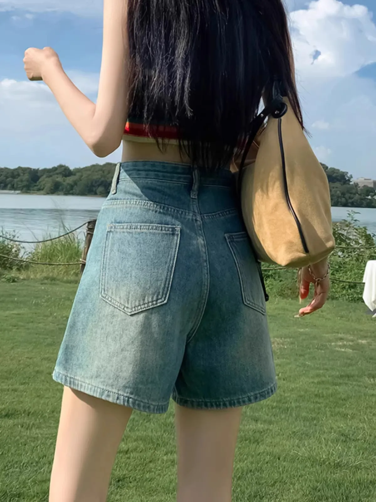 High Waist Wide Leg Denim Shorts Women's Summer Loose Fitting Korean Style Design Sensation plus Size Slimming Hot Pants