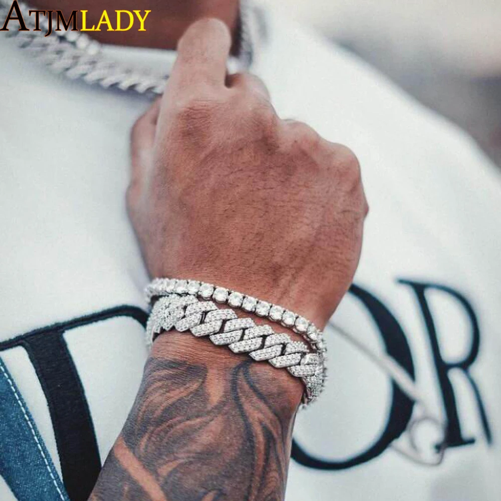 Iced out bling cz cuban link chain high quality 15mm classic cuban link chain bracelet for women mens hiphop fashion jewelry