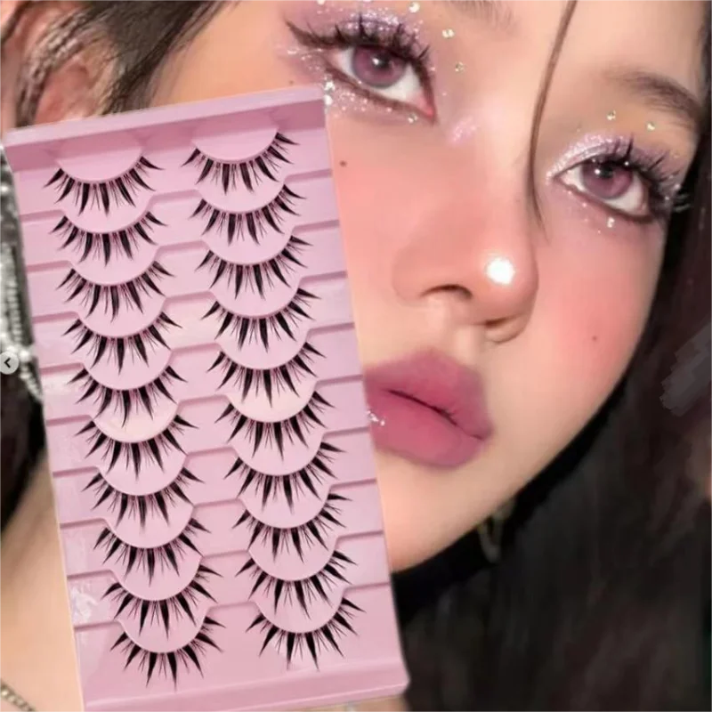 DINGSEN 10 Paar koreanische, dünne, natürliche Wimpern, Manga-Vollstreifen-Wimpern, Make-up für Frauen, Wimpern mit transparentem Band – Detail 2