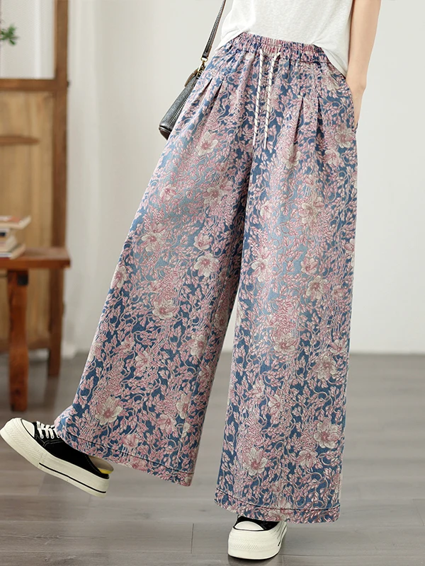 

High-End Women's plus Size Denim Print Loose Slimming Casual Versatile Straight Leg Wide Leg Pants Ladies High Waist Thin Cot...