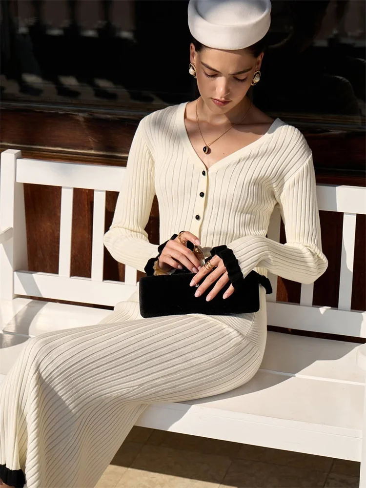 Tossy elegância malha 2 peça-conjunto saia longa para mulher com decote em v retalhos cardigan com nervuras maxi saia define roupas de malhas femininas