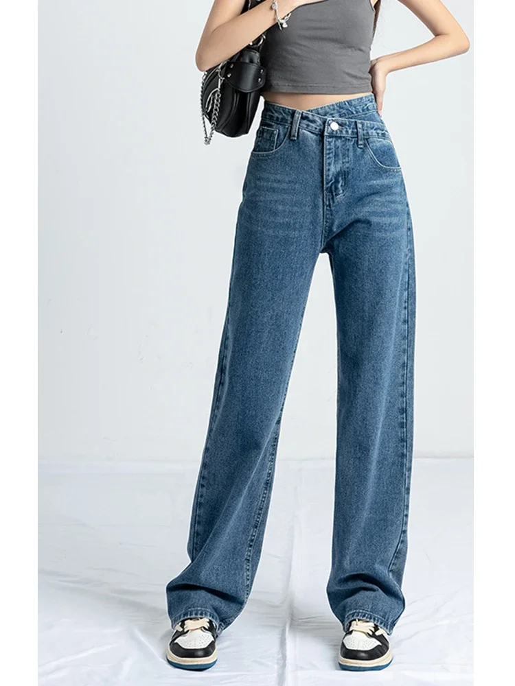 Women' Fashion High Waist Loose Wide Leg Sim Jeans Spring Summer Design Oblique Buckle Straight Tube All-match Female Trousers